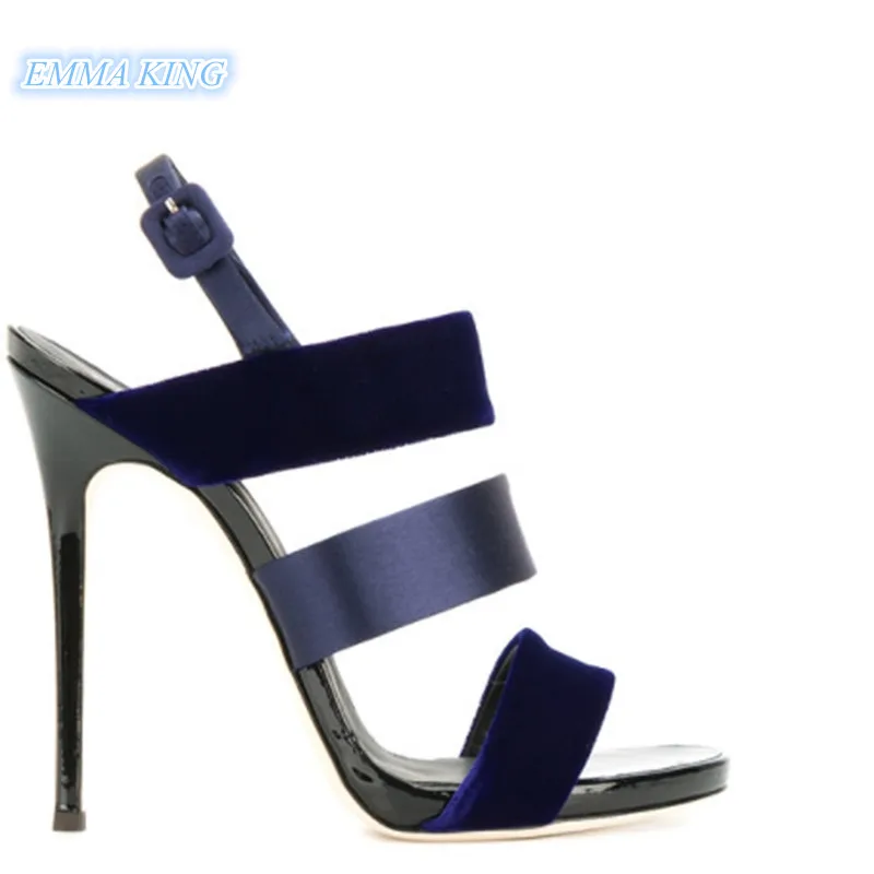 

2019 Summer Silk Suede Patchwork Fashion High Heels Sandals Women Ankle Buckle Straps Hollow Open Toe Stilettos Sexy Shoes Woman