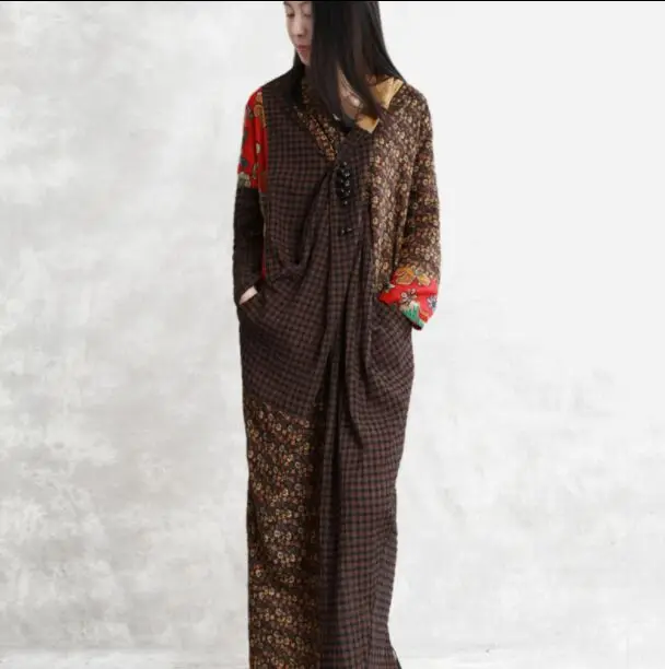 

Free sipping new women's linen stitching ethnic style long-sleeved dress S99