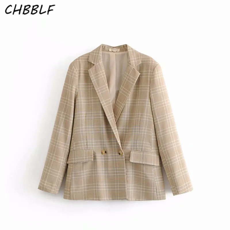 CHBBLF Женские винтажные клетчатый Блейзер двубортное пальто с длинными рукавами в стиле ретро Женская Повседневная Верхняя одежда DFJ6261