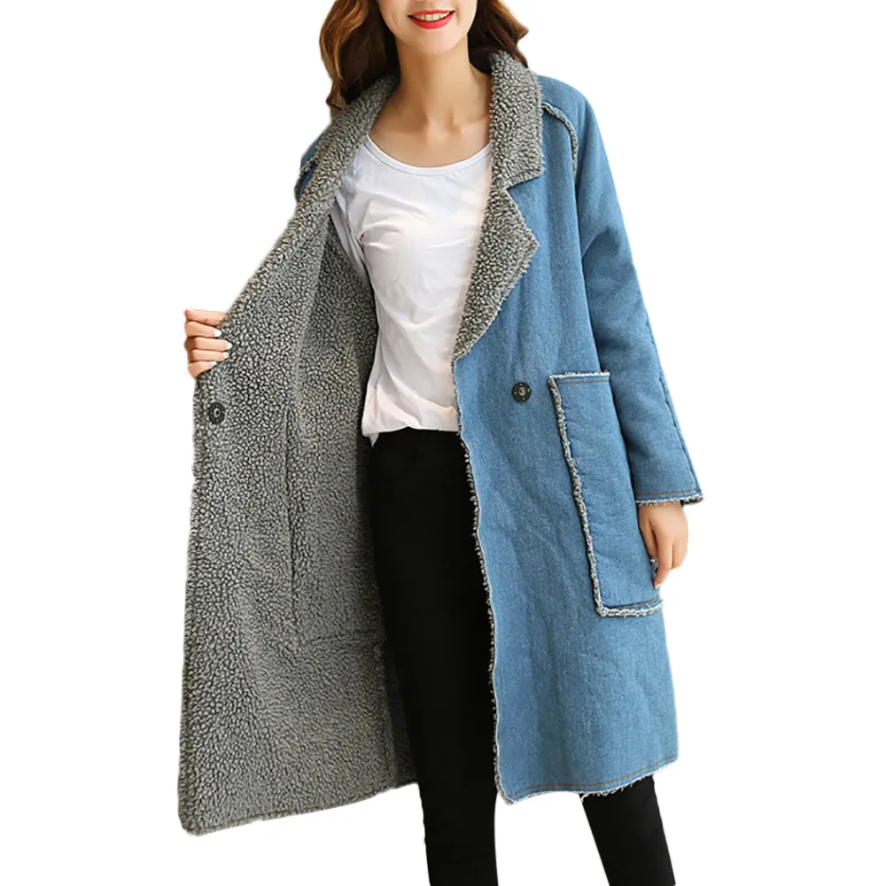 

2018 Fashion Womens Coat Women Winter Denim Coat Jean Fleece Lined Jacket Ladies Outwear Warm Long Parka Loose Coats female