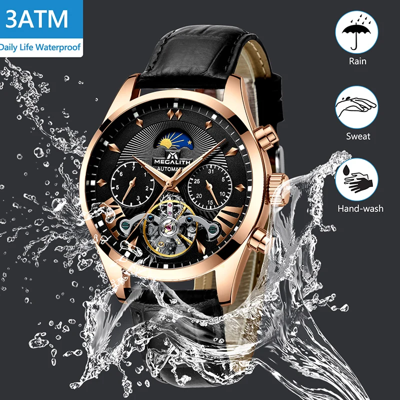 MEGALITH, мужские часы, автоматические механические часы, модные классические деловые часы, мужские турбийон, водонепроницаемые мужские спортивные наручные часы
