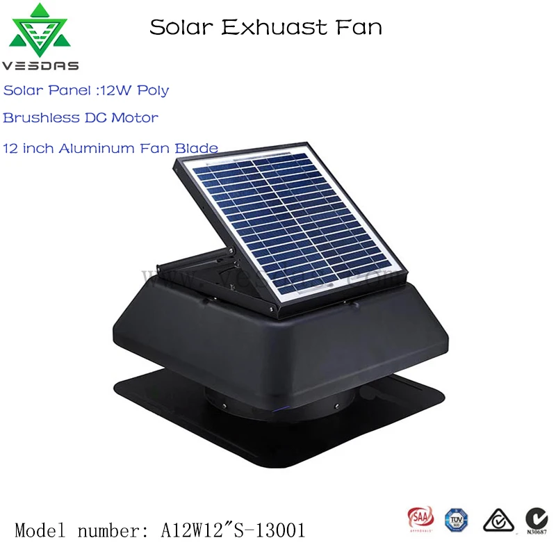 

VESDAS Brushless Motor Reduce the heat load Adjustable 1955CMH Air Flow Solar Panel 12W 12'' Solar Roof Exhaust Fan