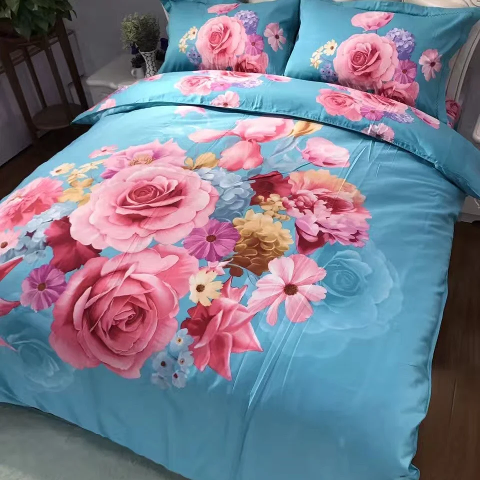 

Pink Flowers Rose Daisy Lily Blue Bedding Set Queen Size Cotton Printed Quilt Cover Pillowcase Bed Sheets Family Home Textiles