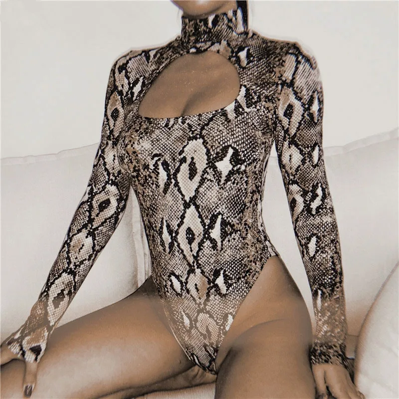 

Snake print long sleeve bodysuit Women summer one-piece bodysuit sexy spring hollow out slim playsuit rompers overalls