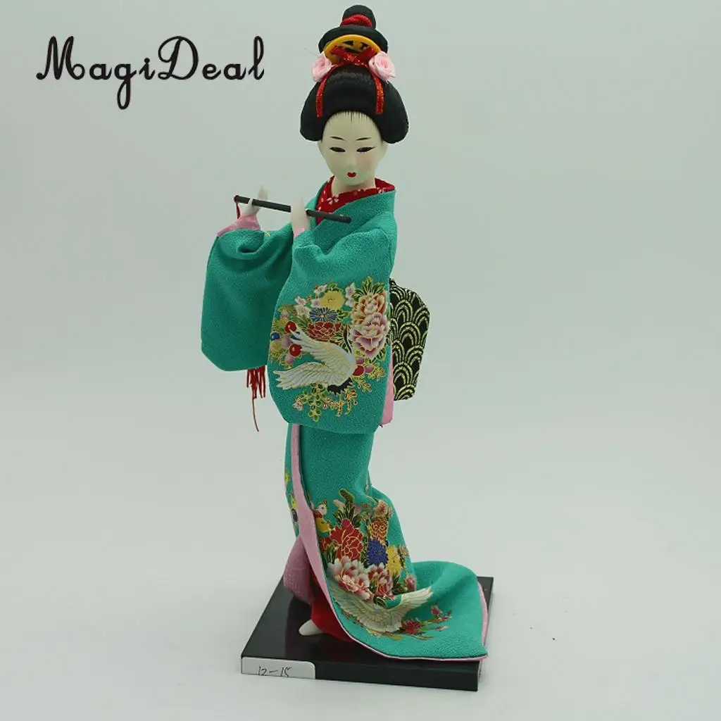 12inch Vintage Japanese Kimono Geisha Doll Figure in Green Clothes Home Decoration