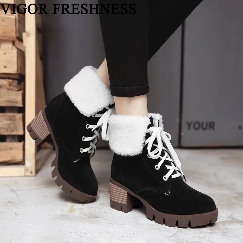 

VIGOR FRESHNESS Snow Boots Women Shoes Winter Warm Shoes Women Ankle Boots Fur Middle Heels Shoes Platform Woman Boots MY65
