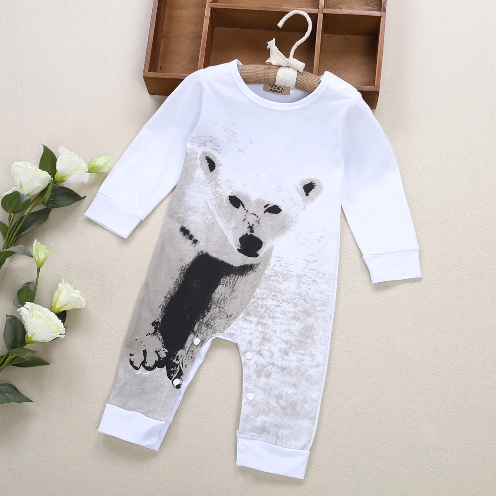 

New Arrival Fashion Comfortable Cotton Round Neck Long Sleeve Pullover White Baby Rompers with Polar Bear Printed Decoration