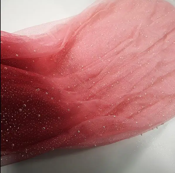 

100*145cm Gradient Red Pink Bronzed Fabric Lace Mesh Pearl Beaded Fabric for Wedding Dresses Performance Fahion Clothing