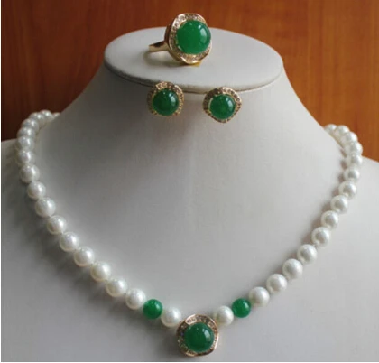 

hot sell New Design White Pearl/Green Jade Necklace Earring Ring(7/8/9)Jewelry Set