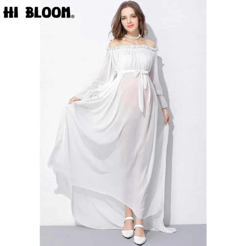 

Women's Sexy Off Shoulder Long Sleeve Maternity Dress for photography See-through Chiffon Maxi Maternity Gowns for Photoshoot