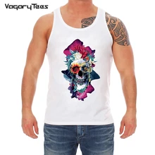 Белая майка с крутым принтом Voodoo череп на бак Топ для мужчин хип хоп Уличная панк стиль Crewneck без рукавов Базовые Майки