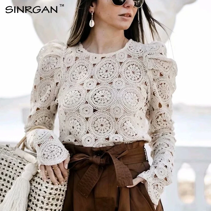 

SINRGAN spring blouse women Elegant white lace shirt Sexy hollow out Tops slim Women Blouse Shirt