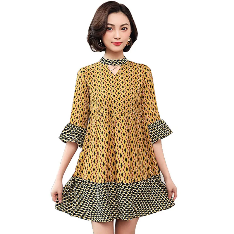 

5XL Plus Size Office Women Casual Printing Dress 2019 New Spring Summer Yellow Floral Elegant Dresses Thin Noble Vestidos 2010