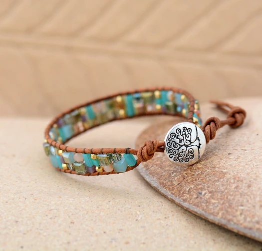 

Bling Mixed Crystal Gold Beads Single Leather Wrap Bracelet Vintage Button Beaded Cuff Bracelet Women Boho Bracelet Dropship