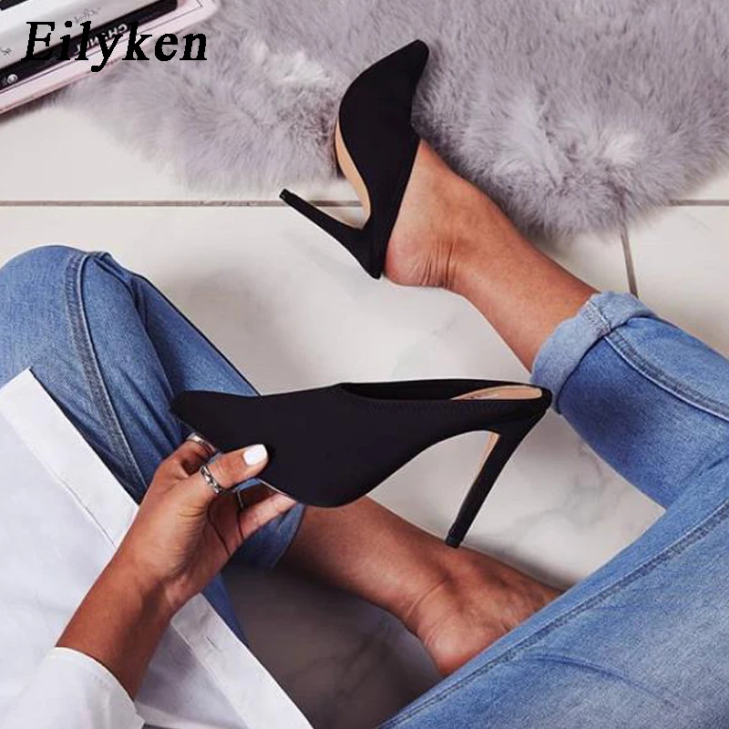 

Eilyken Summer 2019 New Fashion Summer Slingback Mules Pointed Toe Med Heels Women Pumps High Thin Heels Party Sexy Shoes