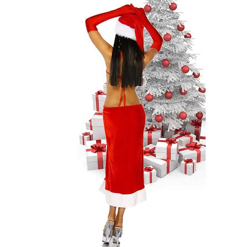 Рождественский костюм для взрослых женщин, миссис Санта Клаус, бархатный мех,, красный сексуальный вырез, ночная рубашка с открытой спиной, Необычные Вечерние платья