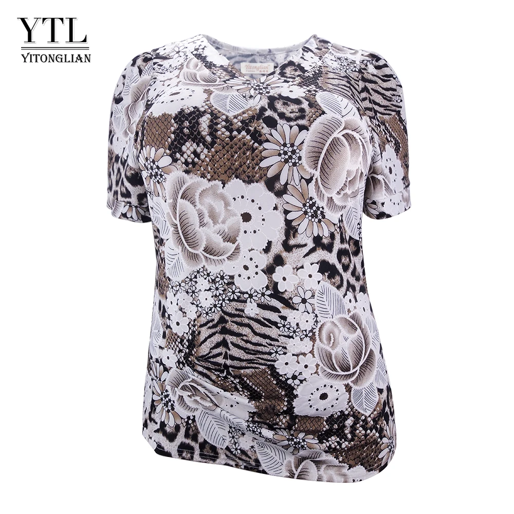 

YTL Womens Tops and Blouses Plus Size Floral Pattern Print Blouse Shirts Women V Neck Boho Short Sleeve Summer Top 8XL H104