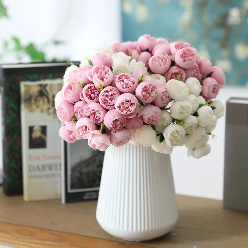 27 головок искусственный атласной чайной розой цветок Букет Свадьба невесты держа дома отельный Настольный искусственный цветок для декорирования цветочный букет