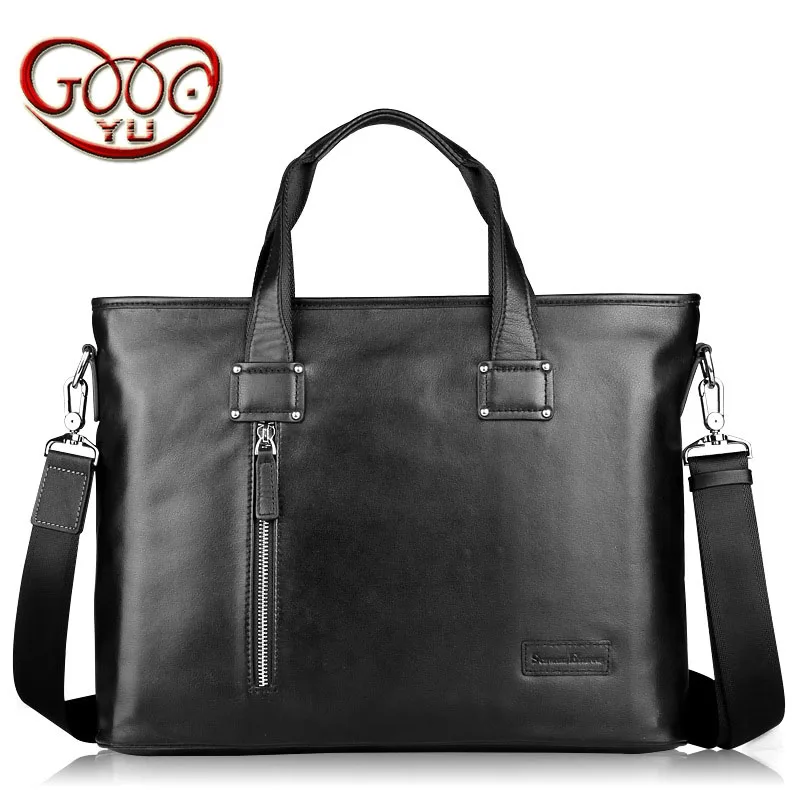 

New hot leather men's zipper handbag cross section first layer of cowhide solid color large-capacity business briefcase
