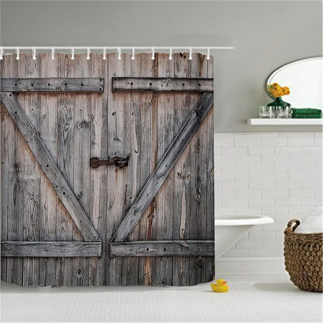 Polyester Shower Curtain Old Bronze Wooden Garage Door Vintage Rustic