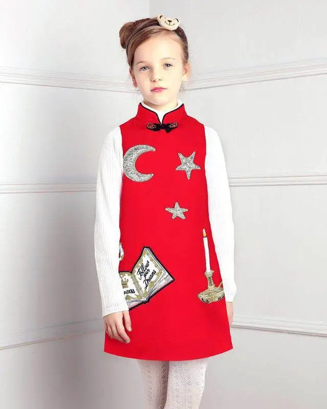 

2016 Fashion Chinese Style Flower Book Print Cotton Children's Cloth Kids Qipao Dress Sleeveless Autumn Winter Girl's Dress