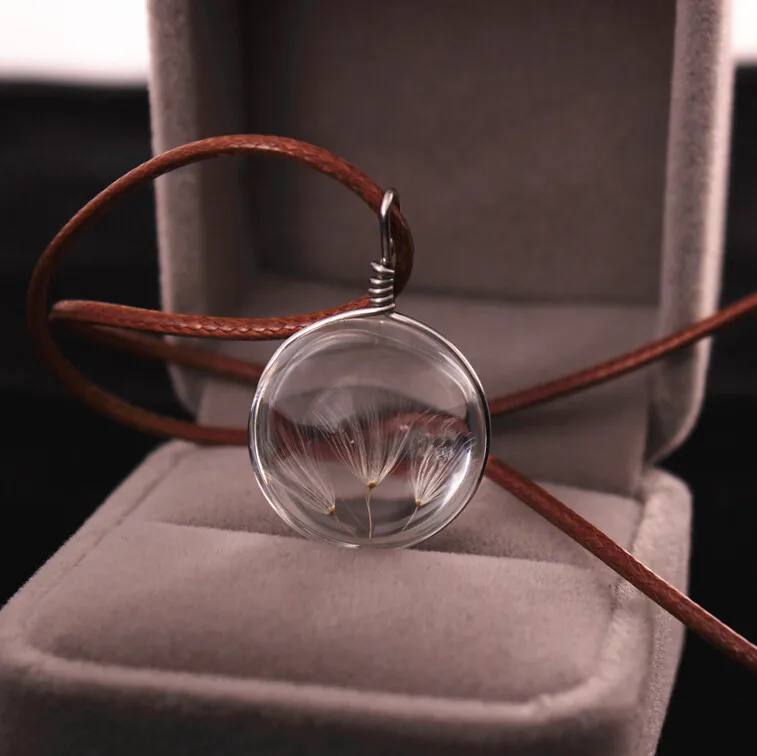 

Hot sale Crystal Glass Ball Dandelion Necklace Long Strip Leather Chain Pendant Necklaces For Women Jewelry Gift 533