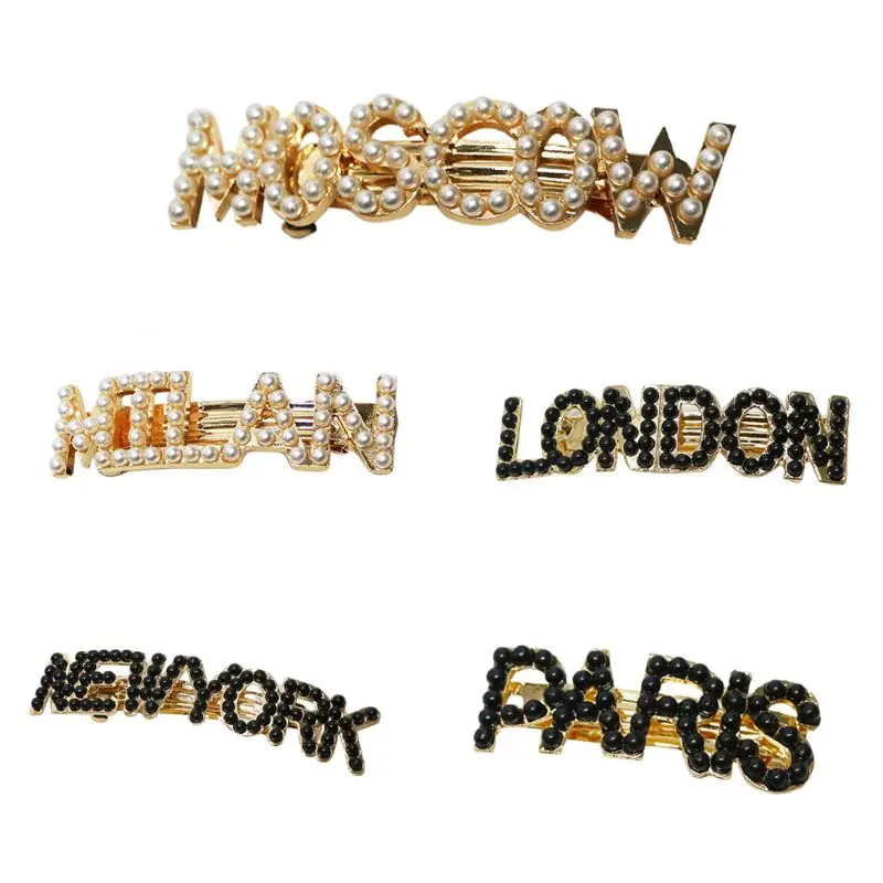 

Korean Women Glitter Metallic Spring Hair Clip Imitation Pearl Famous City Letter Banana Hairpin Vintage Party Ponytail Barrette