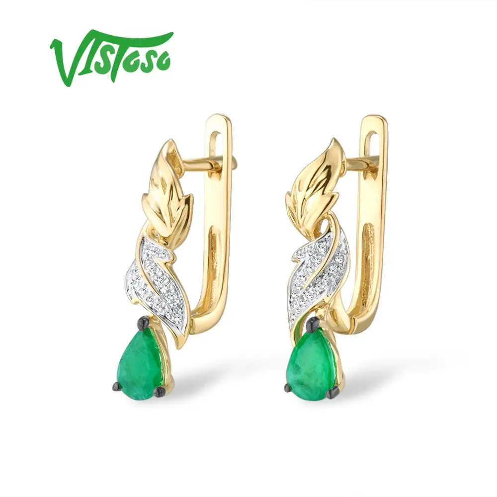 Женские серьги VISTOSO Pure 14K 585 желтое золото гламурные изумрудные сверкающие