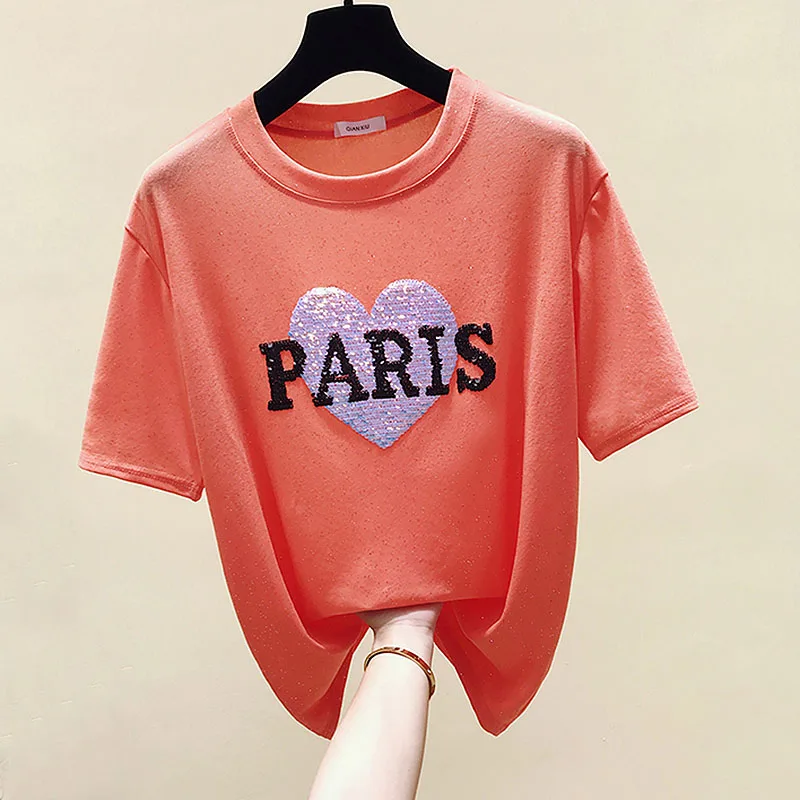 

2019 new korean style fashion T-shirt women's plus size haut femme summer T-shirt modis casual femme Sequin love poleras mujer