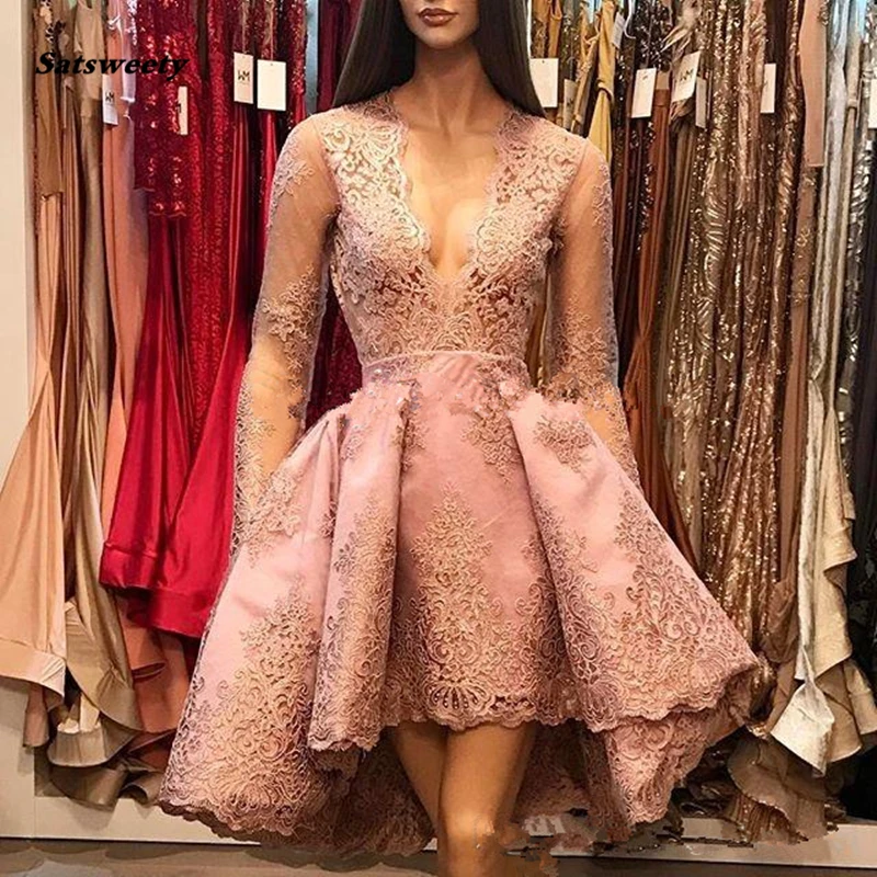 

2019 Pink A-Line Deep V-Neck Bridesmaid Dresses Illusion Long Sleeves Lace Hi-Lo Party Queen Prom Dresses