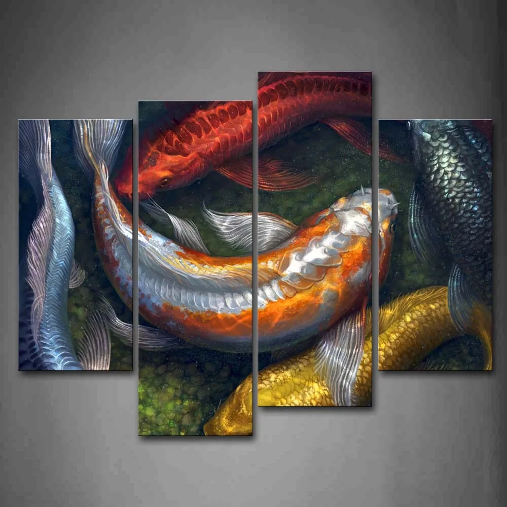 

4 Pics Framed Wall Art Pictures Koi Water Canvas Print Animal Modern Poster With Wooden Frame For Home And Office Decor