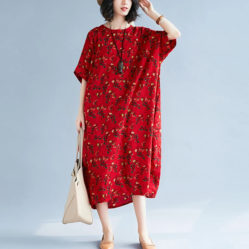 New Women Dress Summer Plus Size Linen Female Prairie Chic Floral ...