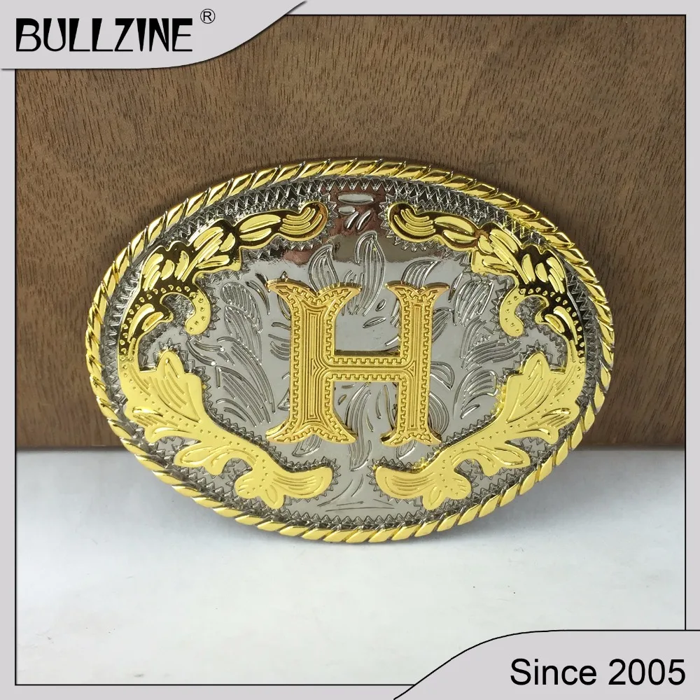 

The Bullzine western flower with letter "H" belt buckle with silver and gold finish FP-03702-H for 4cm width snap on belt