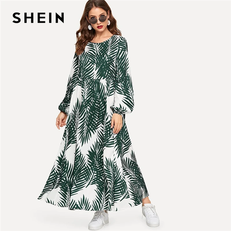 

SHEIN Multicolor Tropical Print Bishop Sleeve Smock Dress Modest High Waist Round Neck Long Sleeve 2019 Spring Abaya Dresses