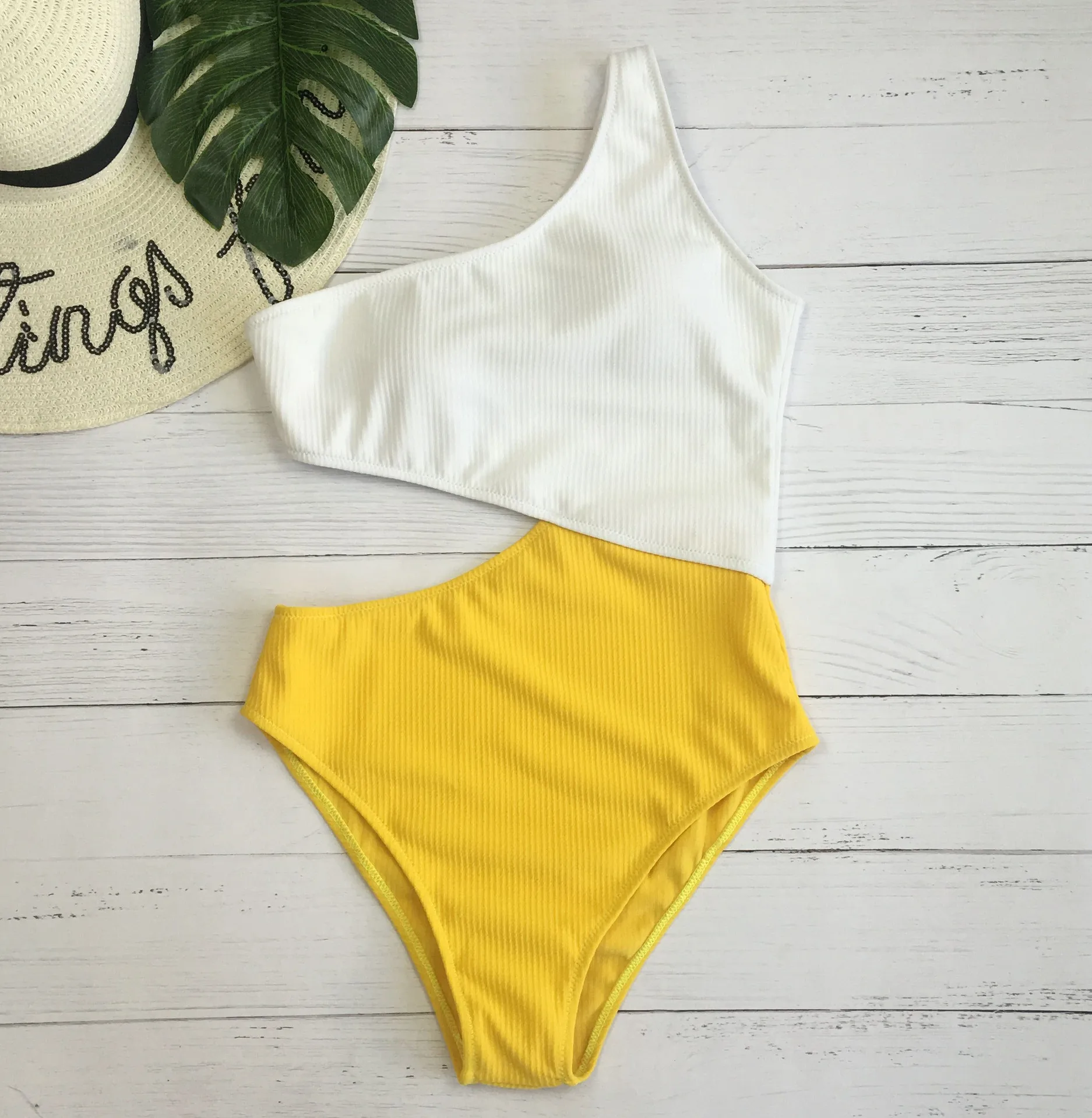 

White Yellow High Waist Cut Out Trikini Ribbed Bathing Suit Monokini Asymmetric Shoulder Swimwear Women One Piece Swimsuit 2019