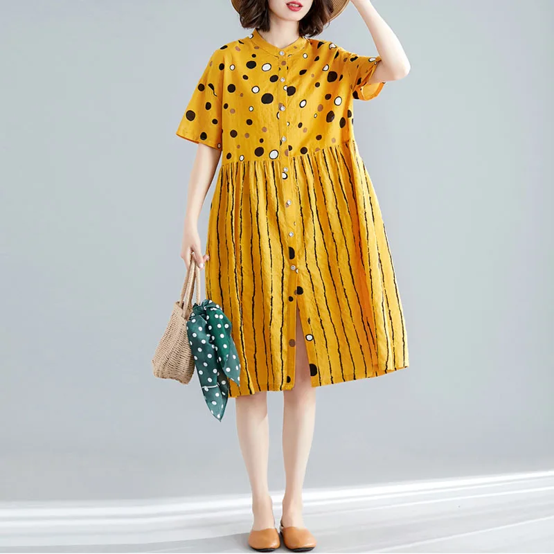 Новое поступление, летнее корейское платье-рубашка размера плюс, хлопковое льняное платье средней длины в горошек, ретро сарафан, трапециевидные платья в полоску 4XL - Цвет: Цвет: желтый