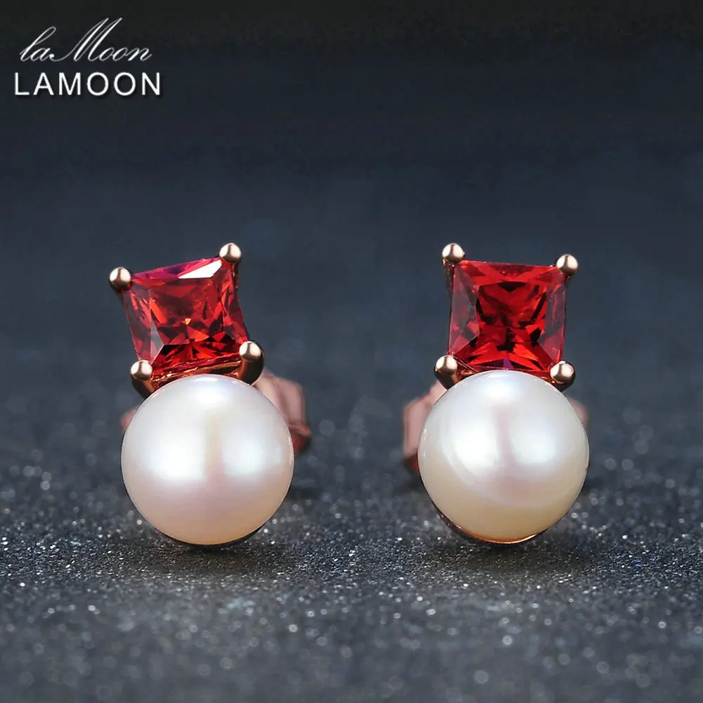 LAMOON 925 sterling-silver-jewelry Earrings For Women Simple Style 100% Natural Red Garnet Freshwater Pearl Earring S925 EI038