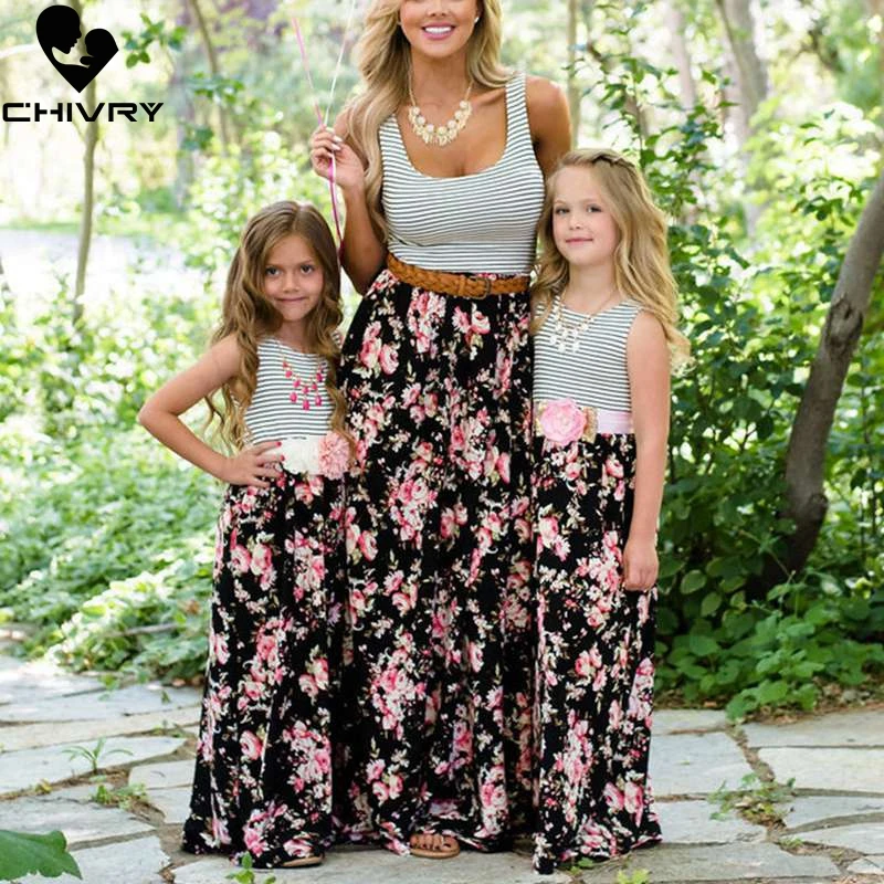 

Chivry Mother and Daughter Dresses Sleeveless Stripe Floral Long Maxi Dress Mother Daughter Clothes Family Matching Clothes