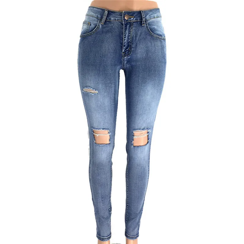 Женские брюки, новинка, ультра эластичные Синие рваные джинсы, женские длинные штаны с высокой талией, джинсы с карманами, 4#5