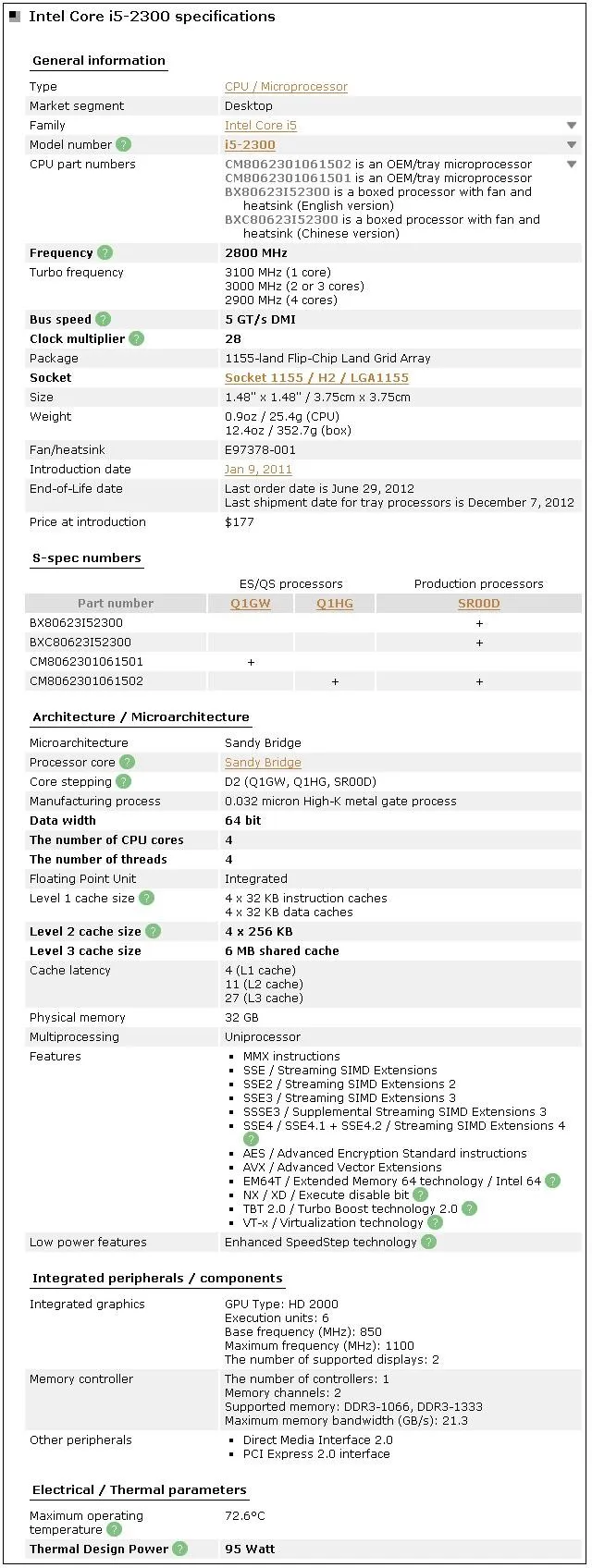 top processor Intel Core i5 2300 2.80GHz 6MB Socket 1155 CPU Processor SR00D cpu gaming