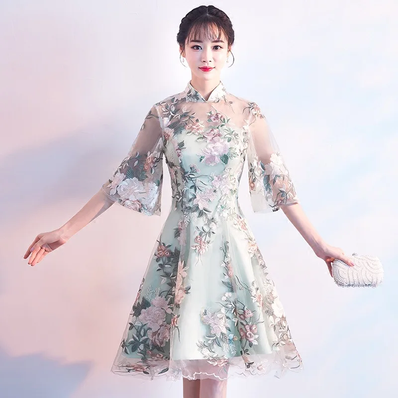 It's YiiYa Luxury Light Green Half Sleeve Floral Print Lace Cocktail Dress Knee-Length Formal Dress Party Gown MX022