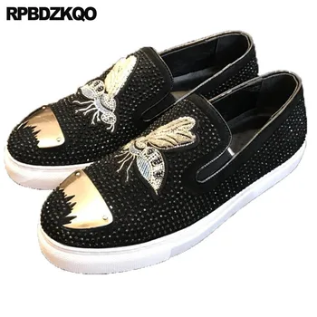 

Nubuck Leather Shoes Men Trainers Runway Suede Bee Rhinestone Creepers Sneakers Real Metal Brand European Genuine Skate Party