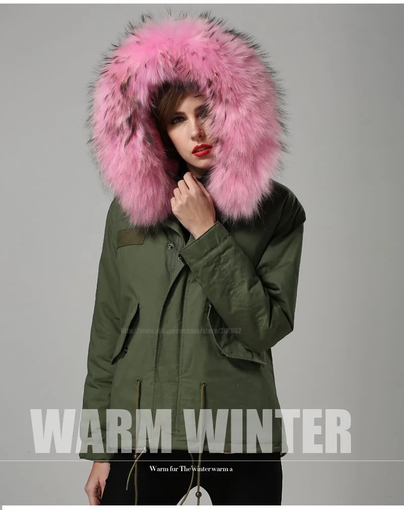 Sale 2015 Real Raccoon fur parke jacket mens womens pink faux fur lined coat  fashion show outwear c0153 16