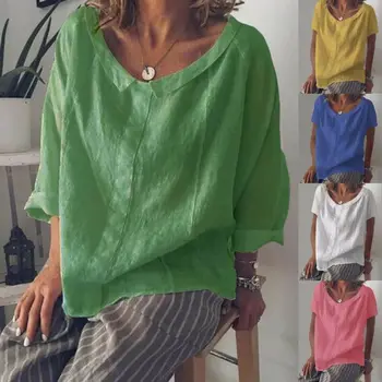 

2019 New Women Summer Plain Scoop Neck Short Sleeve Top Shirts Linen Solid Color Blouse Plus Size S-3XL