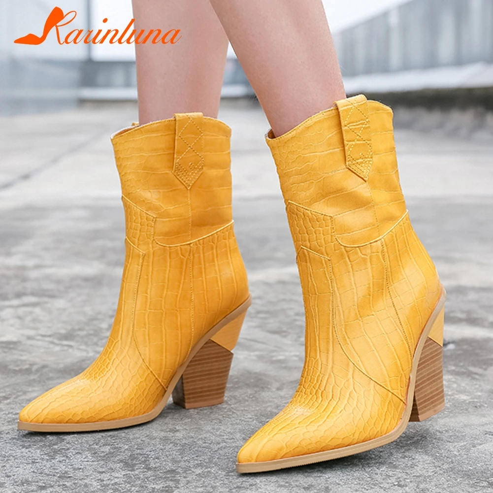 

KARINLUNA Women Boots Fashion Pointed Toe High Heels Autumn Winter Short Plush Ladies Ankle Boots Women Plus Size 33-46