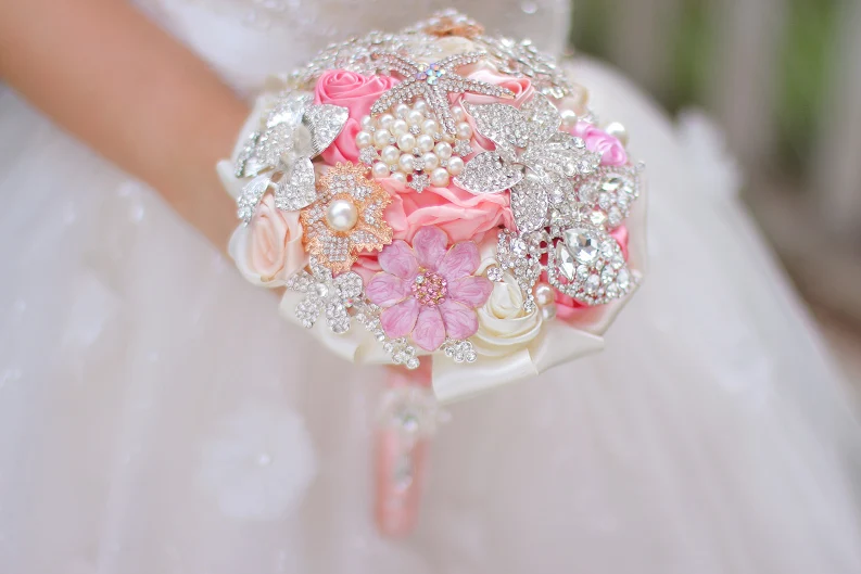 Мини Свадебный букет, розовый+ Коралл, 5 дюймов, брошь в виде букета, букеты невесты, в винтажном стиле