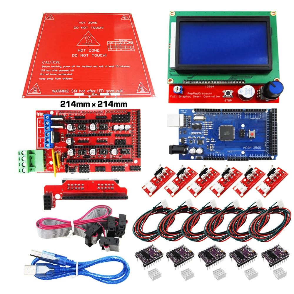 Комплект Reprap Ramps 1,4 с Mega 2560 r3+ Heatbed mk2b+ 12864 ЖК-контроллер+ DRV8825+ механический переключатель+ кабели для 3D-принтера