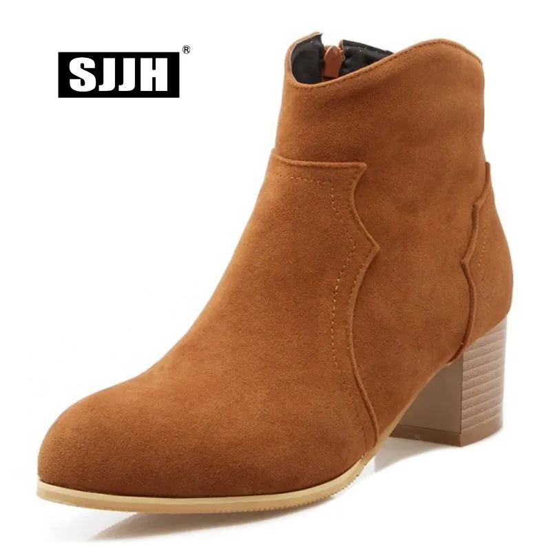 SJJH Women Nubuck Ankle Boots with Round Toe Chunky Plush Martin Boots Autumn Fashion Casual Working Shoes Large Size Q183