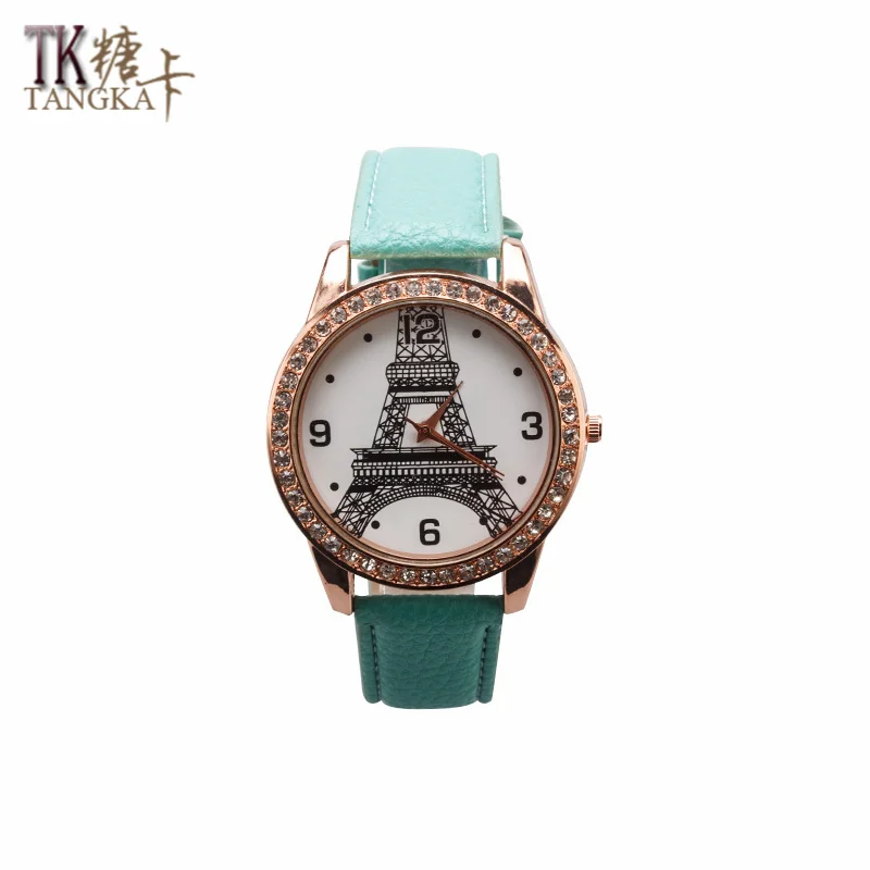 

Fashion leisure women watch fresh mint green artificial leather strap analog crystal quartz watch digital