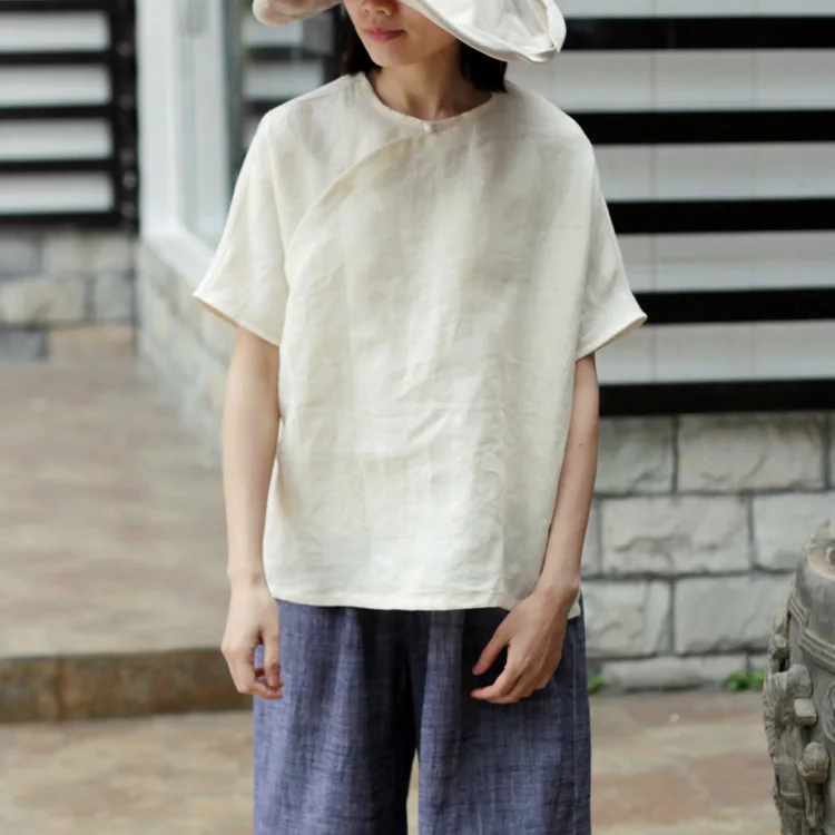 

Elegant Loose Bat Short Sleeve O Neck Women Pure Ramie Linen Shirt, Chinese Vintage Slant Bead Button Summer Ladies Cool Blouse